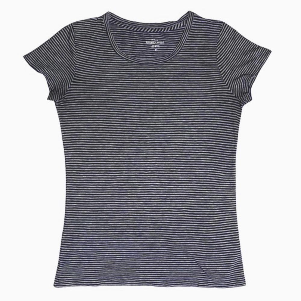 J Crew Vintage Cotton Grey & Black Striped Scoop Neck Long Hem T-Shirt S